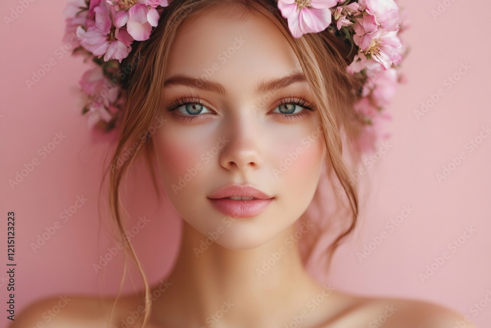 Beautiful woman wearing flower crown posing on pink background Beautiful woman wearing flower crown posing on pink background
