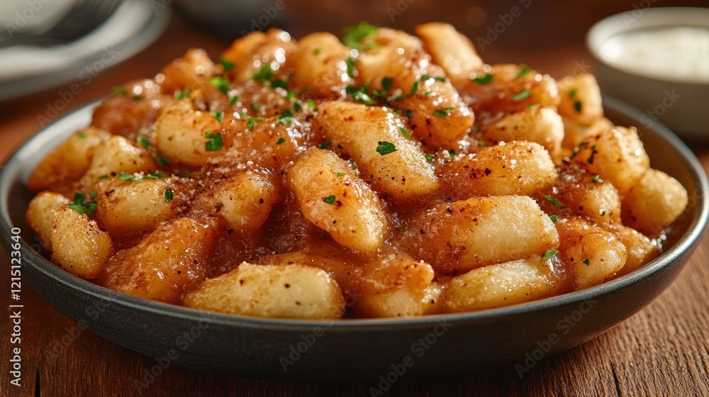 Caramelized potato dumplings, rustic setting, food photography, recipe Caramelized potato dumplings, rustic setting, food photography, recipe