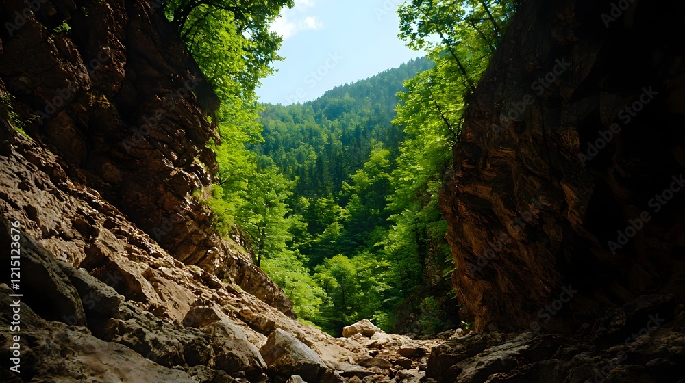 Obraz premium Lush Green Valley Surrounded by Rocky Cliffs and Tall Trees