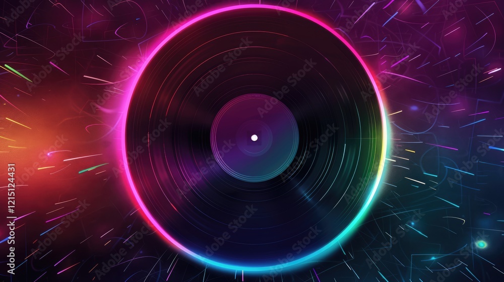 Vinyl record with neon rainbow glow on dark abstract background with shattered glass effect, retro music concept Vinyl record with neon rainbow glow on dark abstract background with shattered glass effect, retro music concept