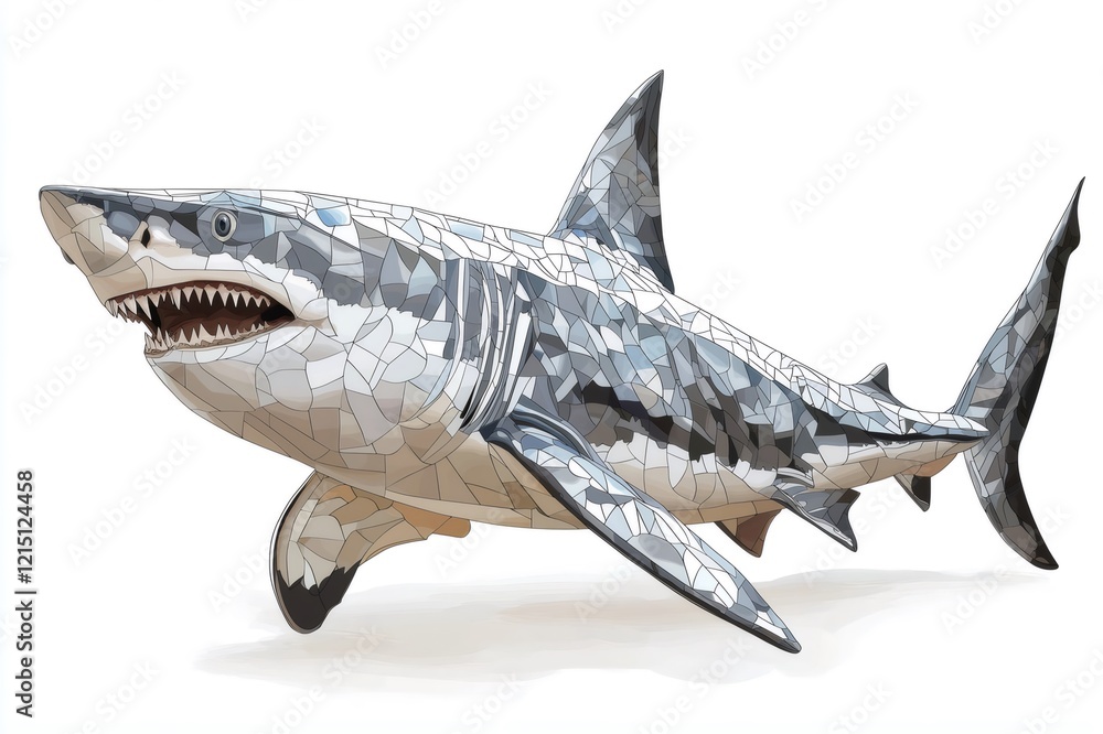 Fototapeta premium Mosaic art depicting a great white shark swimming in the ocean, showcasing sharp gray and white tiles