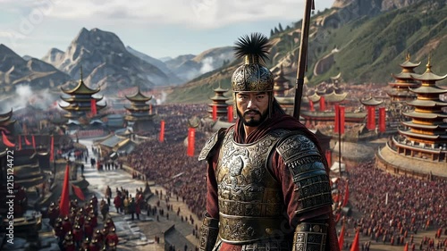 A fierce warrior from ancient Chinese civilization showcases strength and leadership, standing tall before a mass of troops. The backdrop reveals stunning mountains and vibrant banners.