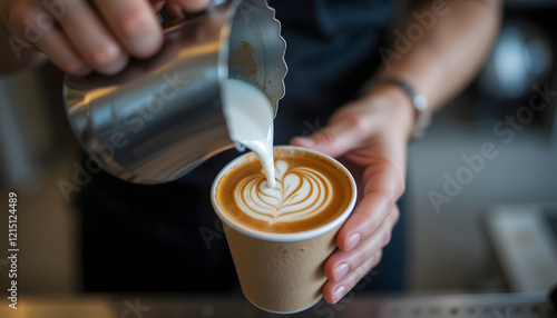 A close-up of a barista's hands as the barista pours steamed milk from a metal pitcher into a paper cup of coffee, latte art skill and precision making specialty coffee drinks photo