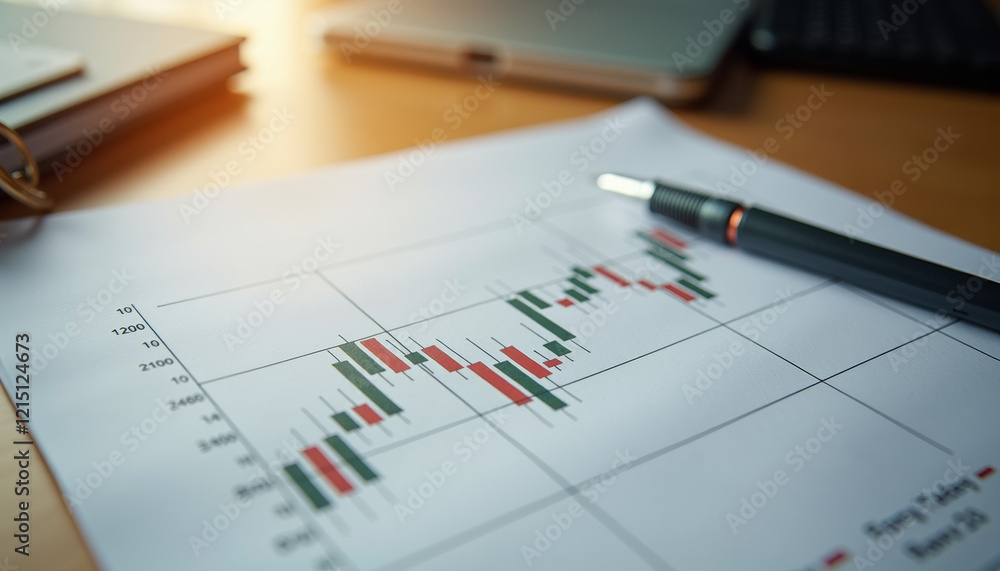 Realistic trading tool depiction featuring printed candlestick chart on report page with pen nearby on wooden desk background Realistic trading tool depiction featuring printed candlestick chart on report page with pen nearby on wooden desk background