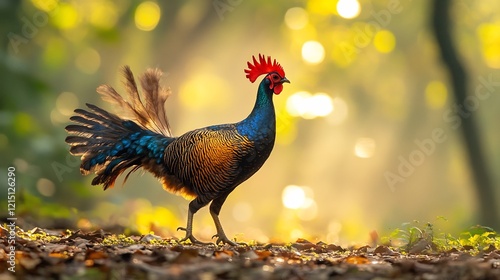 Sri Lankan Junglefowl Gallus lafayettii phylum Chordata class Aves order Galliformes family Phasianidae strutting a sunlit forest clearing its vibrant plumage glowing in scattered sunlight photo