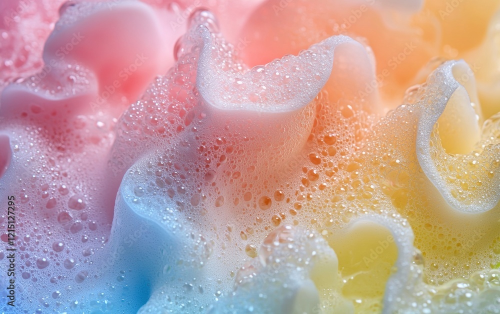 High-quality close-up of multicolored soap foam with swirling reflections and delicate translucent edges High-quality close-up of multicolored soap foam with swirling reflections and delicate translucent edges