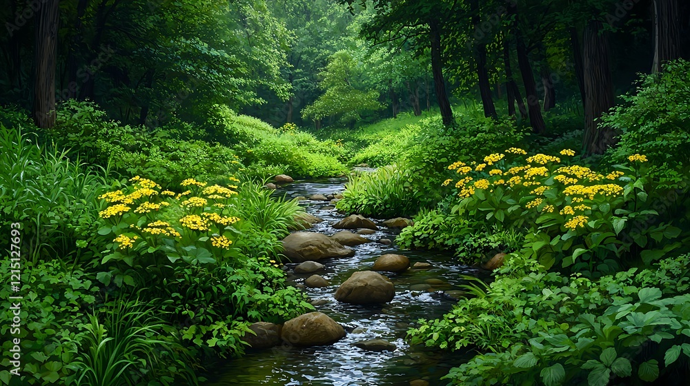 Serene Forest Stream with Vibrant Yellow Flowers and Lush Greenery Serene Forest Stream with Vibrant Yellow Flowers and Lush Greenery