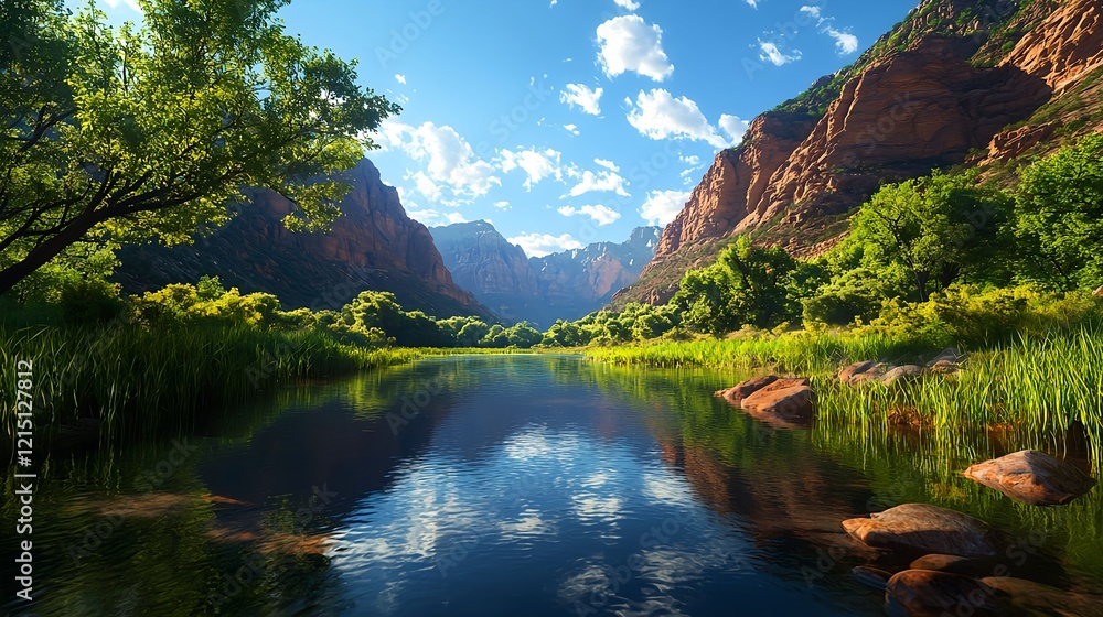 Serene Landscape of Calm River in Nature with Lush Green Mountains Serene Landscape of Calm River in Nature with Lush Green Mountains