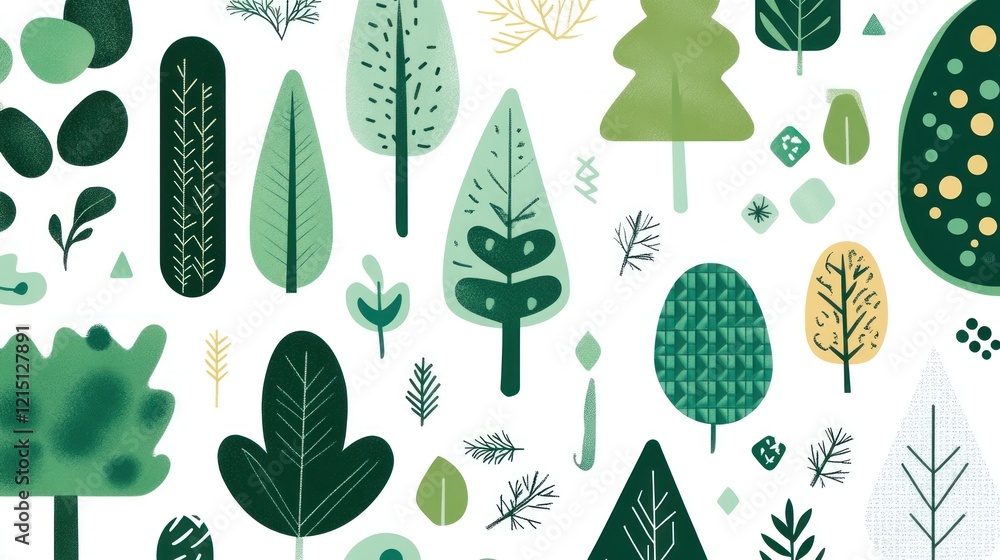 Green stylized trees, leaves, and foliage; nature illustration; design element for eco projects Green stylized trees, leaves, and foliage; nature illustration; design element for eco projects