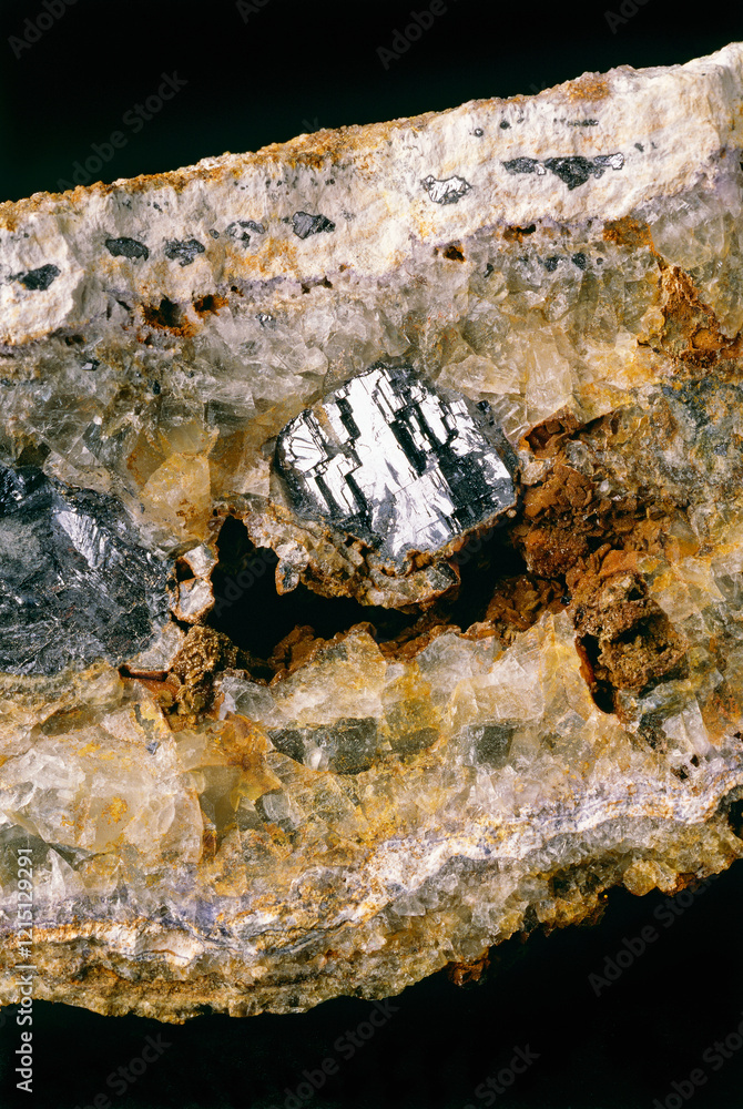 Galena. Most important lead ore mineral. Fine example of crystal of the mineral Galena held in a vug with fluorite and barite