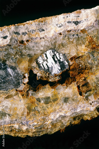 Obraz na płótnie Galena. Most important lead ore mineral. Fine example of crystal of the mineral Galena held in a vug with fluorite and barite w salonie