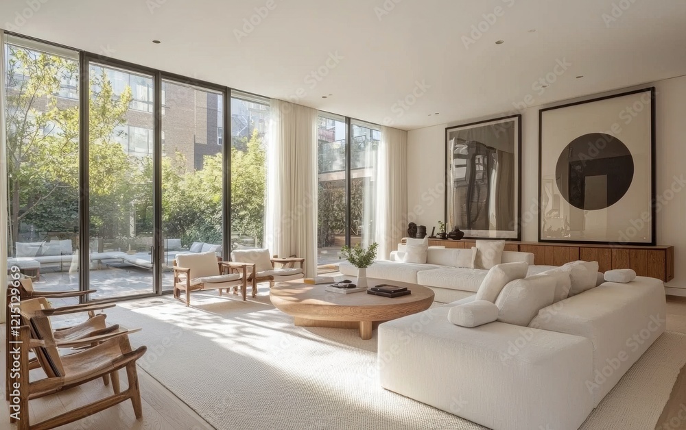 Elegant Scandinavian home interior with a white modular couch, framed monochrome art, simple wooden furniture, and floor-to-ceiling windows Elegant Scandinavian home interior with a white modular couch, framed monochrome art, simple wooden furniture, and floor-to-ceiling windows