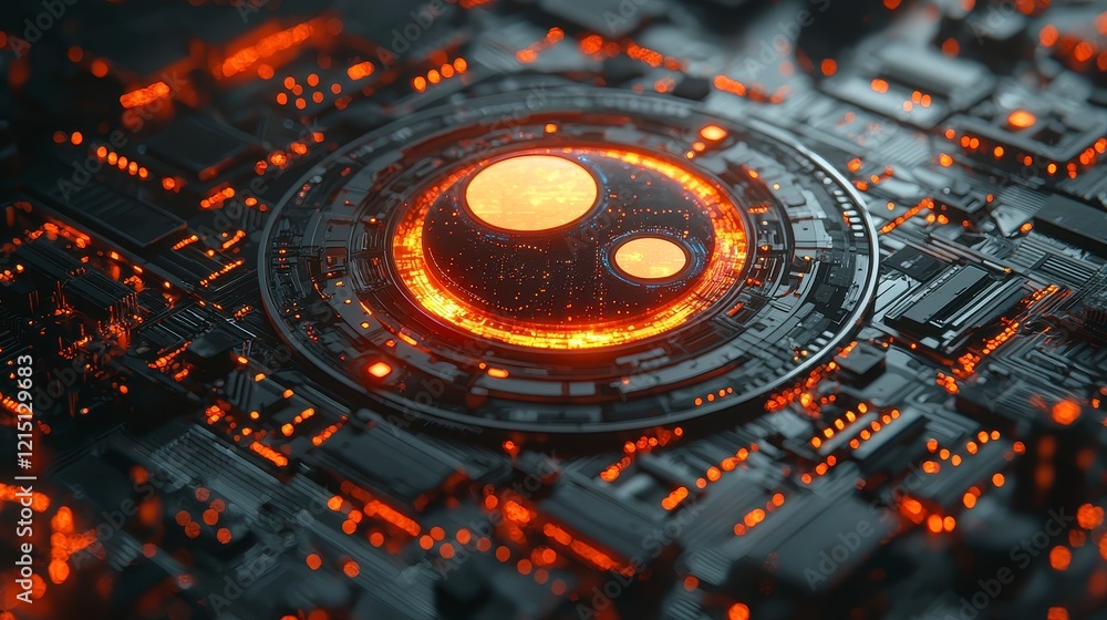 Glowing orange core in futuristic circuit board. Glowing orange core in futuristic circuit board.