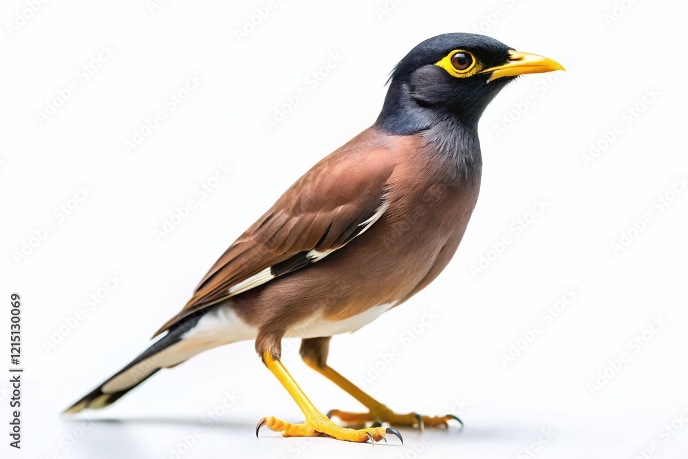 Fototapeta premium Minimalist Common Myna Bird on White Background - Isolated Stock Photo
