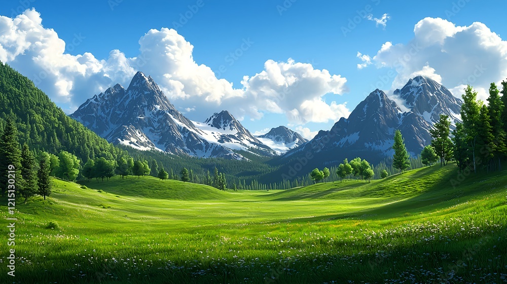 Stunning Scenic Landscape with Mountains and Lush Green Valley Stunning Scenic Landscape with Mountains and Lush Green Valley