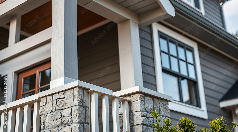 Fototapeta premium Modern House Exterior Design: Grey Siding, Stone Accents, and White Trim