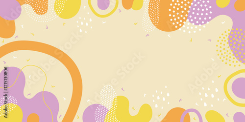 Abstract background in pastel colors with bright yellow, orange and purple elements surrounded by white dots.
