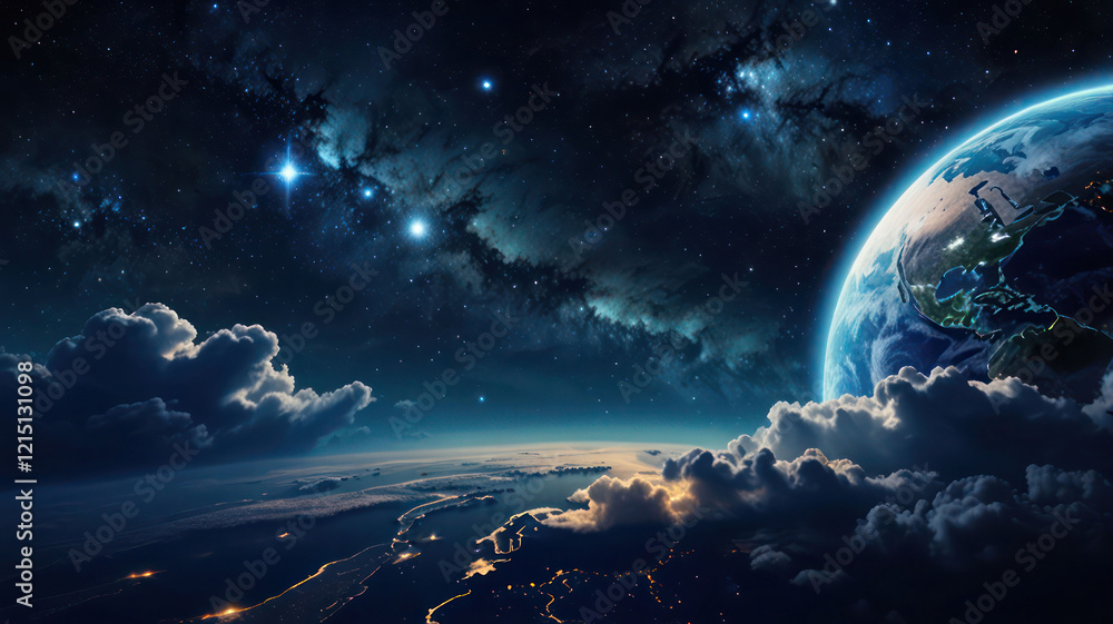 Amazing blue planet earth with ocean, clouds and continents in open space on the starry sky. Amazing blue planet earth with ocean, clouds and continents in open space on the starry sky.