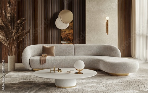 Fresh and modern Scandinavian lounge with a pale gray sofa, a sleek white round table, subtle gold decor elements, and a large soft rug photo