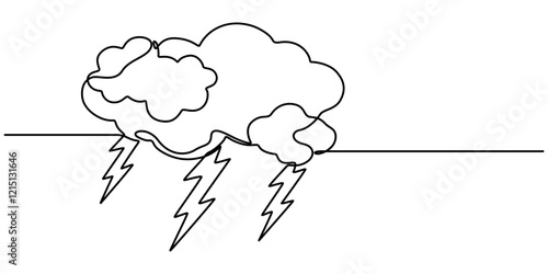 Continuous Line Drawing of Anxiety Icon. Hand Drawn Symbol Vector Illustration, Continuous one line editable drawing of thundercloud and lightning. Concept of sadness in inclement weather , depression