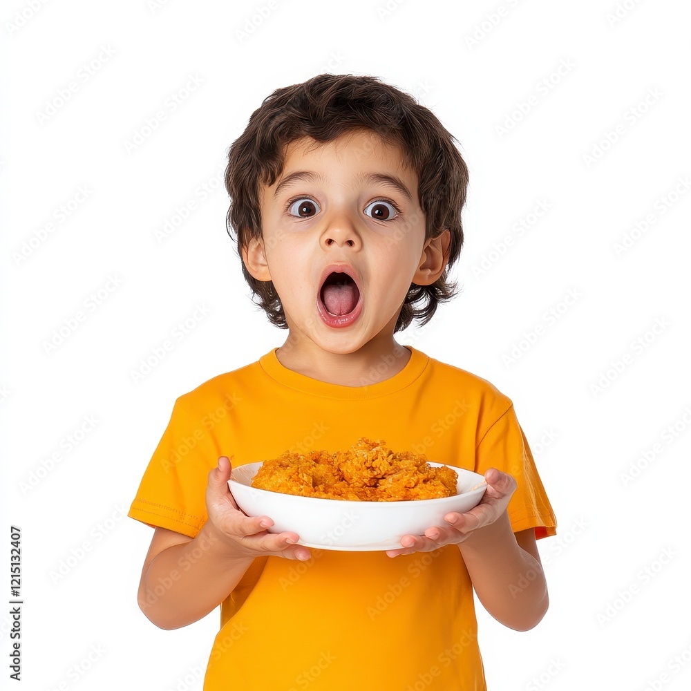 Adorable Boy with Bowl of Crispy Food, Surprised Expression Adorable Boy with Bowl of Crispy Food, Surprised Expression