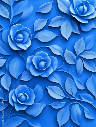 Blue Carved Floral Wall Art Design - Elegant blue floral wall art, symbolizing serenity, nature, craftsmanship, beauty, and sophistication. photo