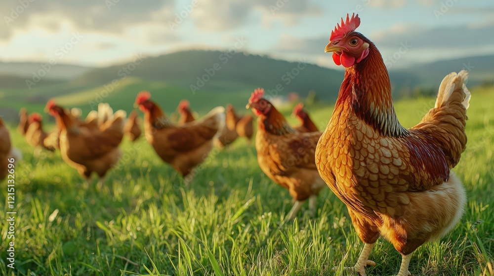 Fototapeta premium hen and chicks in the grass on the farm. Selective focus