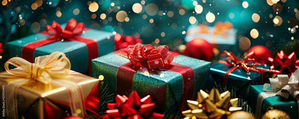Festive holiday presents with sparkling lights Festive holiday presents with sparkling lights