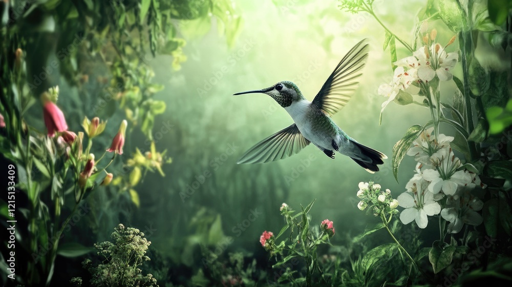Fototapeta premium Graceful Hummingbird Soaring in Nature's Embrace: A Tiny Marvel Amidst Blooming Flowers