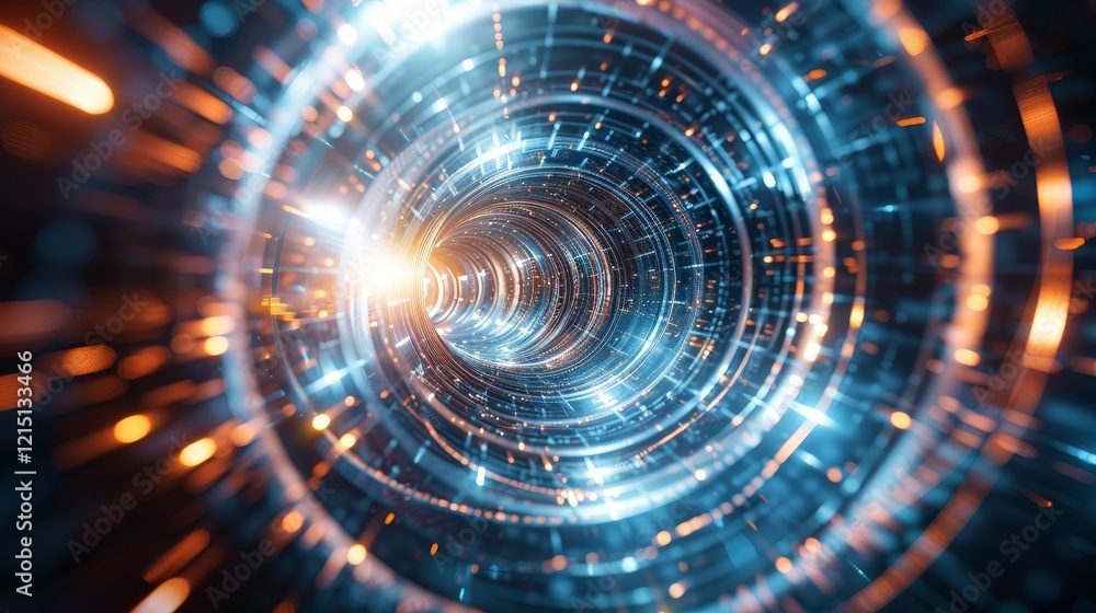 Obraz premium Futuristic Digital Tunnel, Technology Background With Glowing Neon Lights And Data Flow, 3D Render