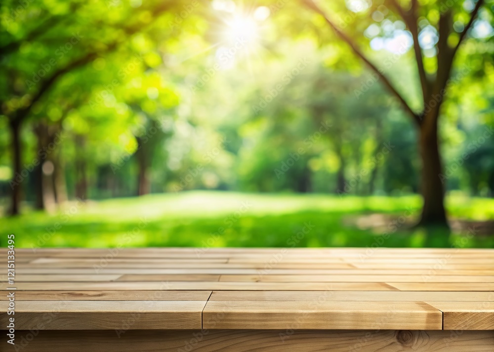 Minimalist Empty Wooden Tabletop with Blurred Green Park Background - Perfect for Product Display Minimalist Empty Wooden Tabletop with Blurred Green Park Background - Perfect for Product Display