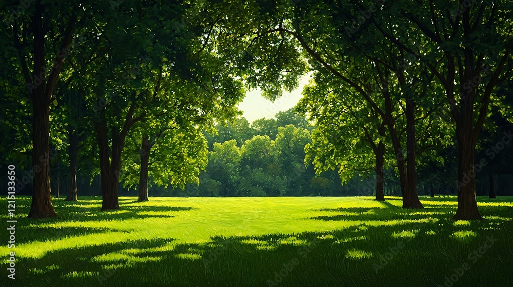 Fototapeta premium Lush Green Park Scene with Sunlight Filtering Through the Trees