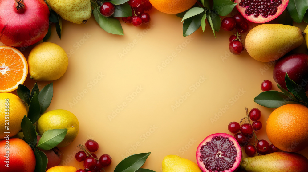 Vibrant Fruit Frame: A colorful array of fresh fruits—oranges, lemons, pomegranates, pears, and red currants—create a vibrant frame against a warm yellow background. Vibrant Fruit Frame: A colorful array of fresh fruits—oranges, lemons, pomegranates, pears, and red currants—create a vibrant frame against a warm yellow background.