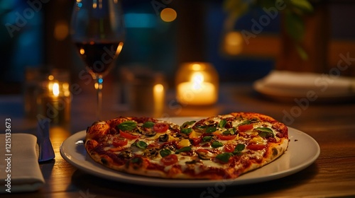 Heart shaped pizza with a glass of wine and candle lights on a wooden table
