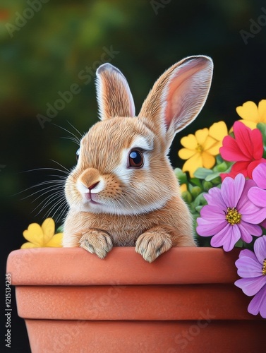 Bunny in a Flower Pot - Adorable brown bunny rabbit peeking over the rim of a terracotta flower pot filled with colorful blossoms. photo