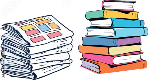 Stack of newspapers and books representing information and knowledge
