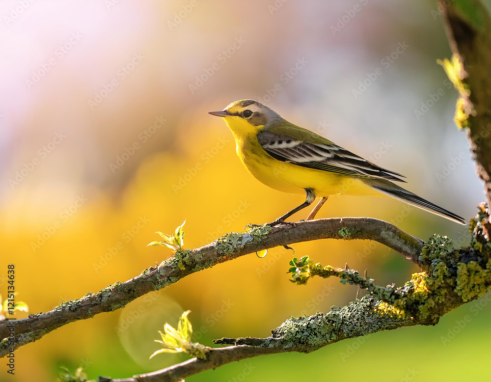 Obraz premium Western yellow wagtail perched on a branch in springtime