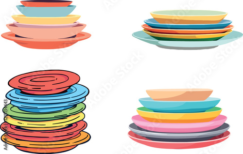 Colorful plates stacked on white background representing kitchenware