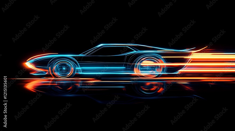 Neon outline of a sports car in motion with light trails. Neon outline of a sports car in motion with light trails.
