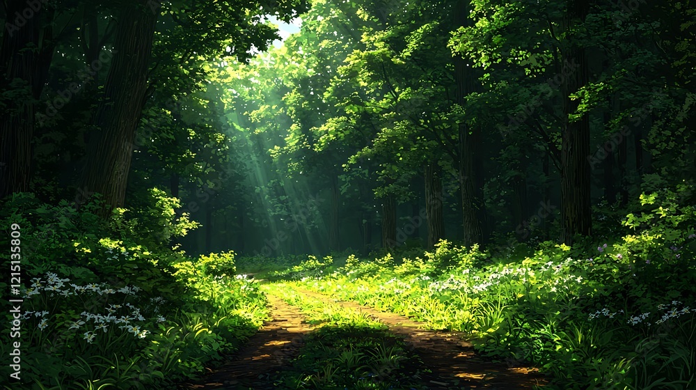 Fototapeta premium Serene Forest Pathway Illuminated by Soft Sunlight and Lush Greenery