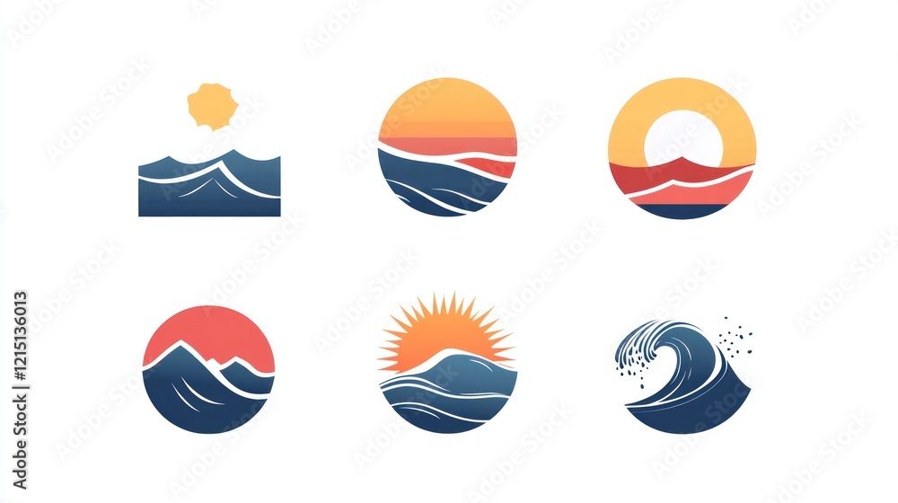 Fototapeta premium Ocean sunset wave icons; design elements for websites, branding