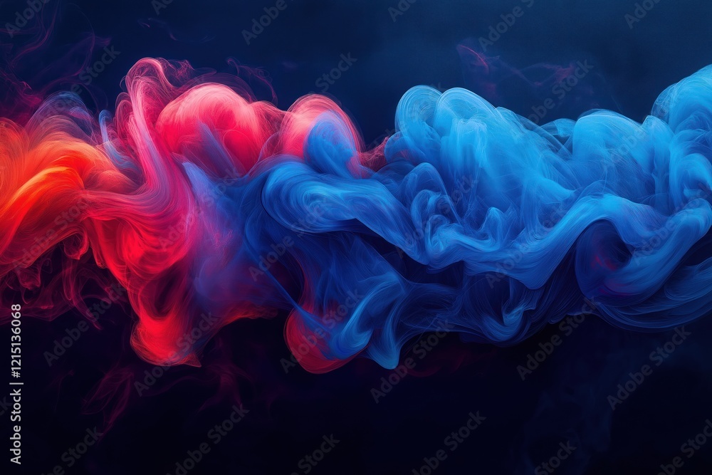 Obraz premium Abstract art painting featuring dynamic interplay of blue, red colours. Vibrant hues blend in flowing patterns against dark background. Liquid motion, vibrant colours create striking visual effect.
