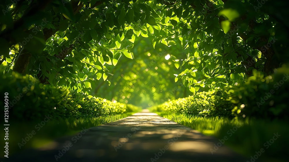 Serene Pathway through Lush Green Trees in Enchanting Forest Serene Pathway through Lush Green Trees in Enchanting Forest
