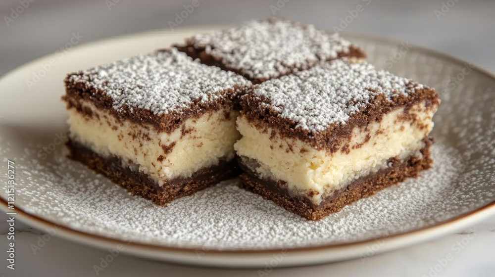 Chocolate Cheesecake Bars, powdered sugar, kitchen, marble, dessert Chocolate Cheesecake Bars, powdered sugar, kitchen, marble, dessert