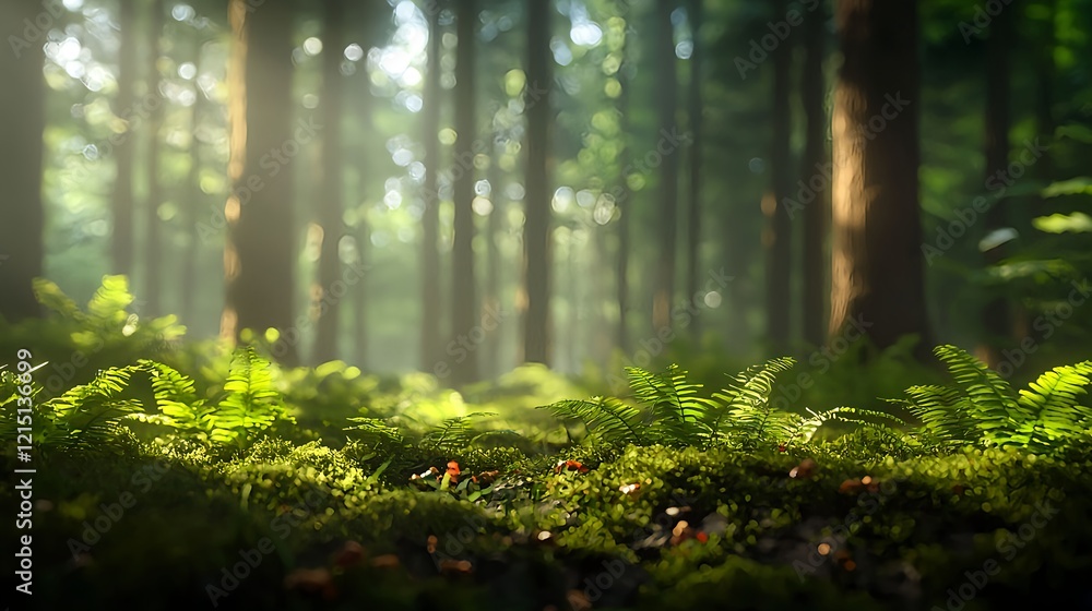 Tranquil Forest Landscape with Sunlight and Lush Green Ferns Tranquil Forest Landscape with Sunlight and Lush Green Ferns