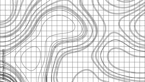 Topographic map contours in hilly or mountainous terrain, similar cartography illustration. Topography and geography map grid abstract backdrop.