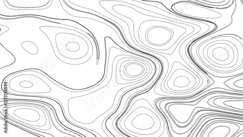 Topographic map contours in hilly or mountainous terrain, similar cartography illustration. Topography and geography map grid abstract backdrop.