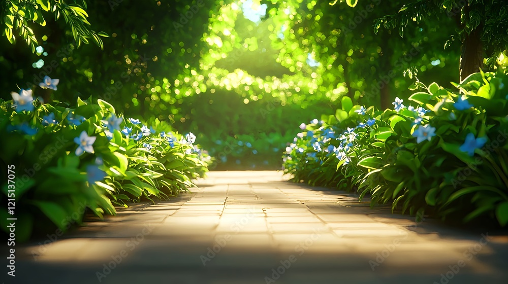 Serene Garden Pathway Surrounded by Lush Greenery and Flowers Serene Garden Pathway Surrounded by Lush Greenery and Flowers