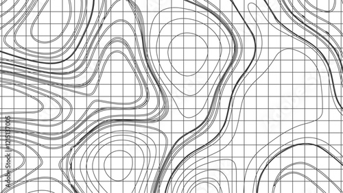 Topographic map contours in hilly or mountainous terrain, similar cartography illustration. Topography and geography map grid abstract backdrop.