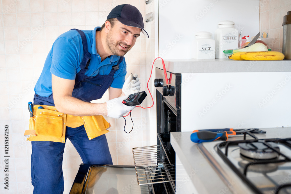 One expert repairman fixing a broken kitchen oven One expert repairman fixing a broken kitchen oven